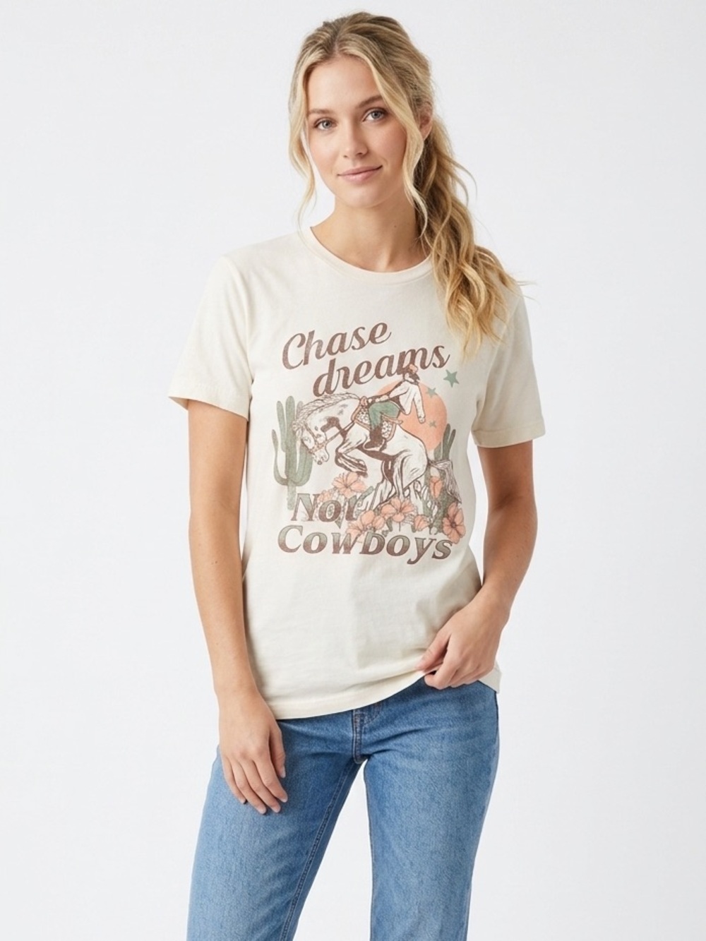 Amused by blue graphic T-shirt cotton fabric size small chase dreams not cowboys